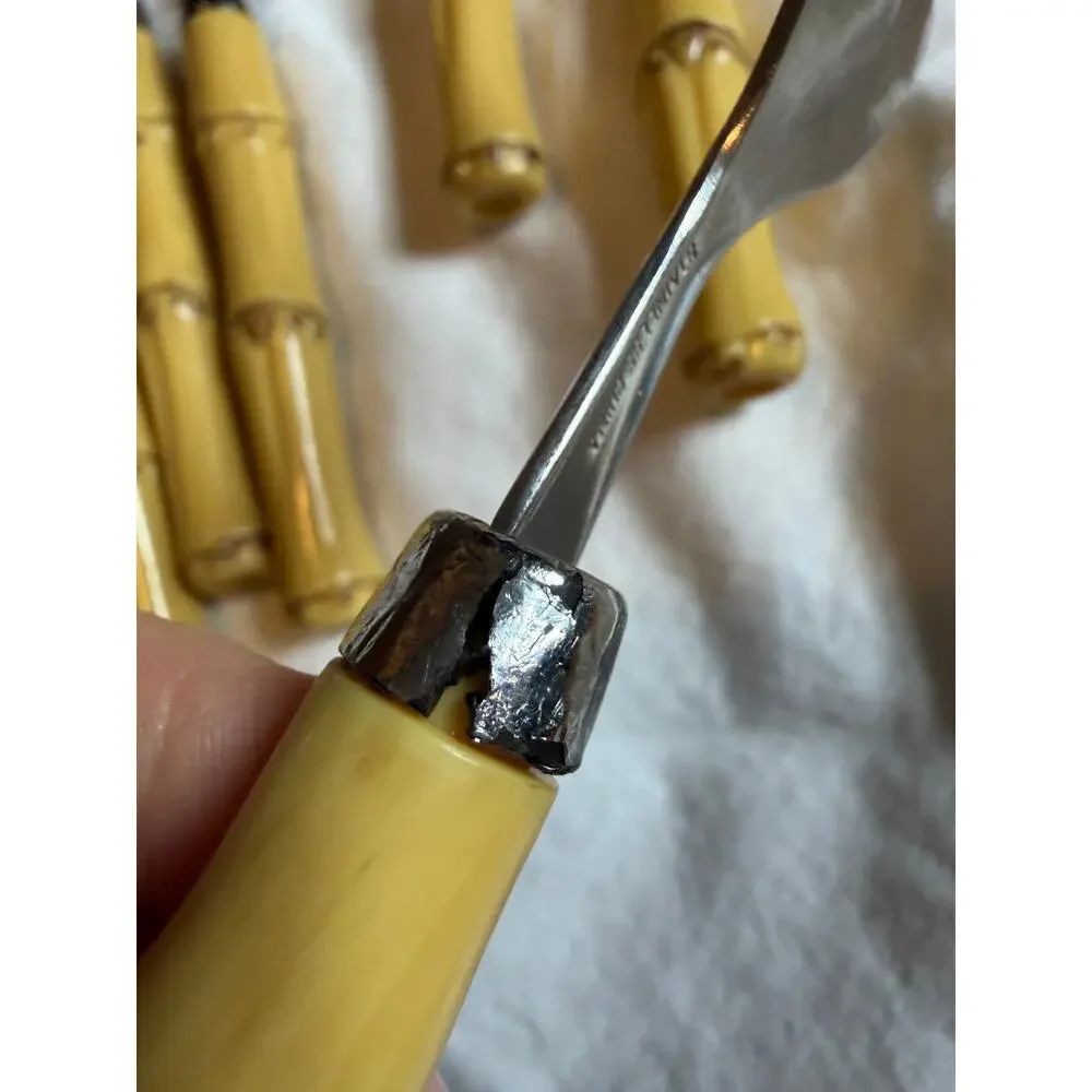 28 Mixed Pc Faux Bamboo Handle Flatware Mixed Lot Yellow Stainless China Tiki